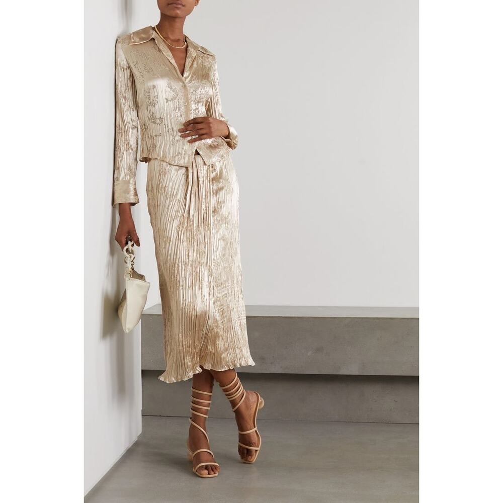 Vince Satin Jacquard Pleated Midi Skirt Champagne Beige Floral Viscose Silk 2